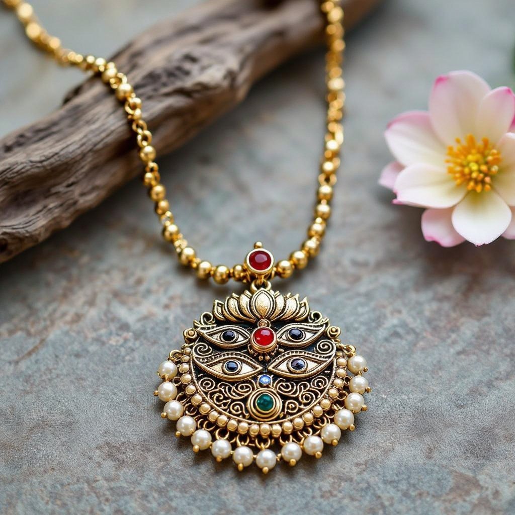Кулон на длинной цепочке. Матовое светлое золото. В цепочке небольшие золотые шарики и жемчуг. Кулон в виде двух глаз над ними лотос с маленьким красным камнем внутри узоры завитушки 