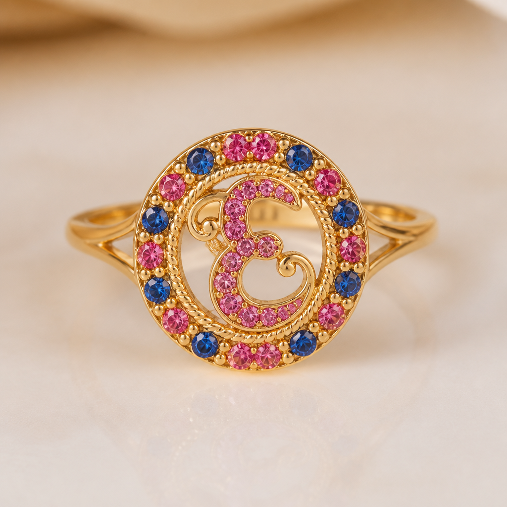 A ethnic women's ring, minimalist, simple and delicate, clean lines. anel de 15 anos com inicial E com pedras rosa dentro com azul e rosa em volta
photorealistic jewelry design, A ethnic women's ring, minimalist, simple and delicate, clean lines. anel de 15 anos com inicial E com pedras rosa dentro com azul e rosa em volta, ethnic style, just the design no text