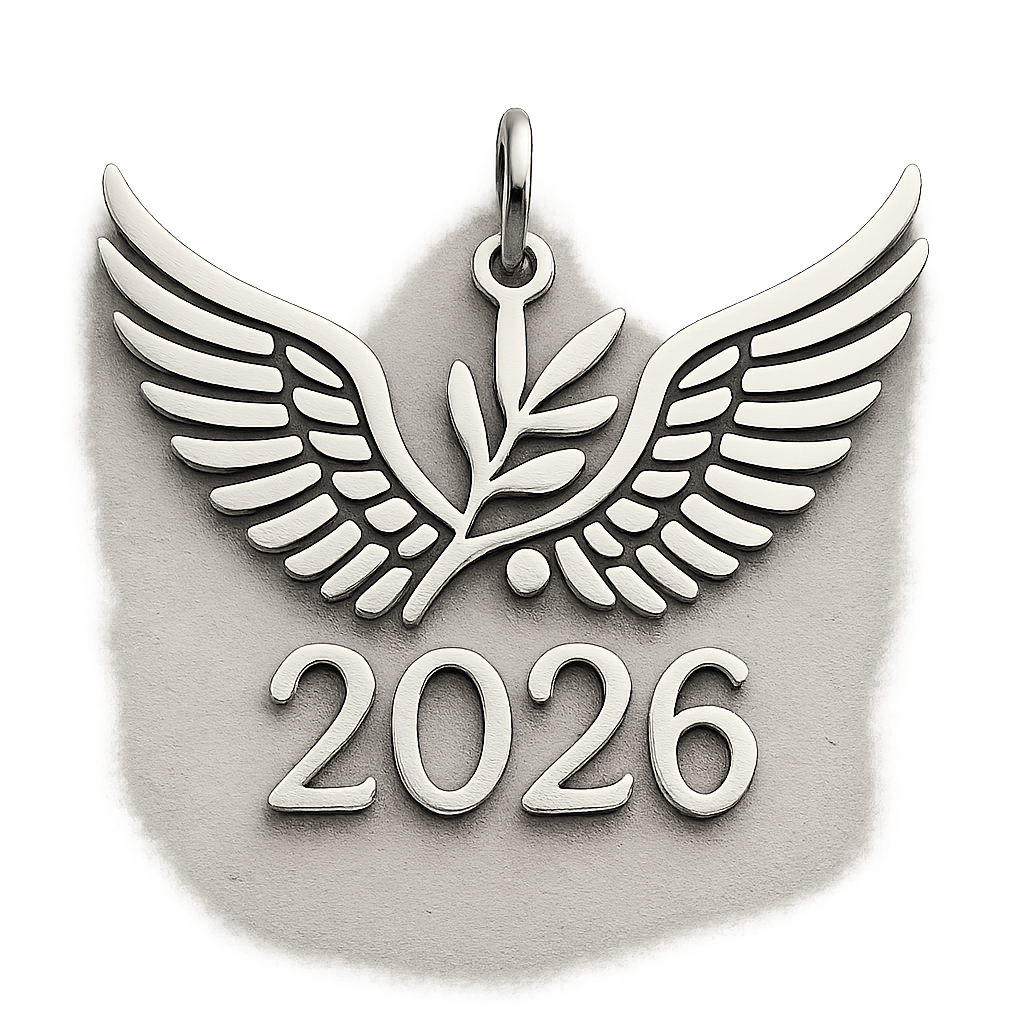 Silver cut-out charm only with  two spread out bird wings, an olive branch and  along year 2026