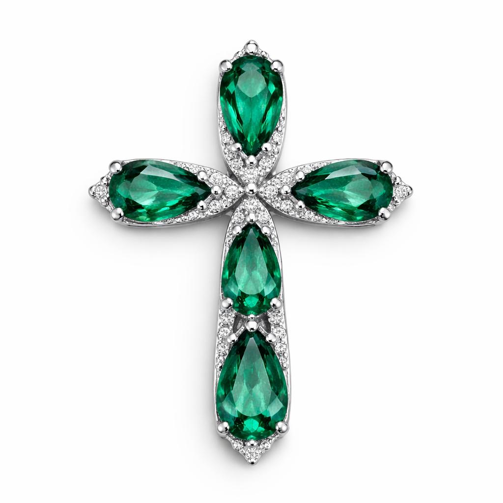 Pear cut Emerald white gold cross and with simple diamond accent stones. Timeless, elegant, and classy. Hidden bail. Light metal work. No double prongs