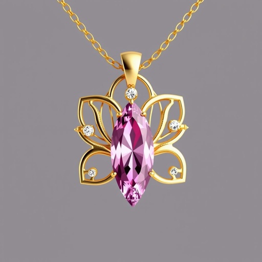 A fancy, everyday wear and elegant gold necklace with a pink color gemstone in a marquise cut. All the details are delicate and they rappresent the petals of the flower lotus. Add also two small white gems in the decor