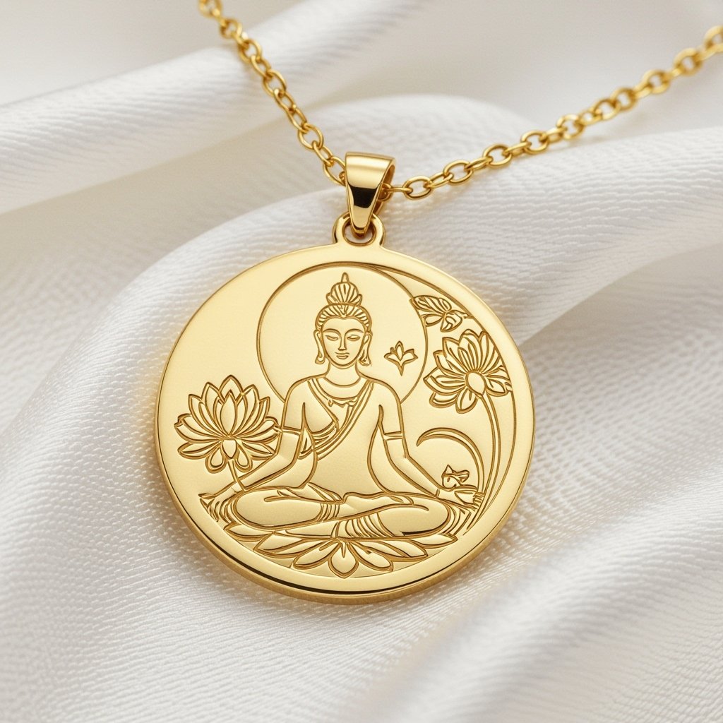 Золотой кулон в виде неровного круга в круге выгравирована женщина с длинными волосами в позе лотоса