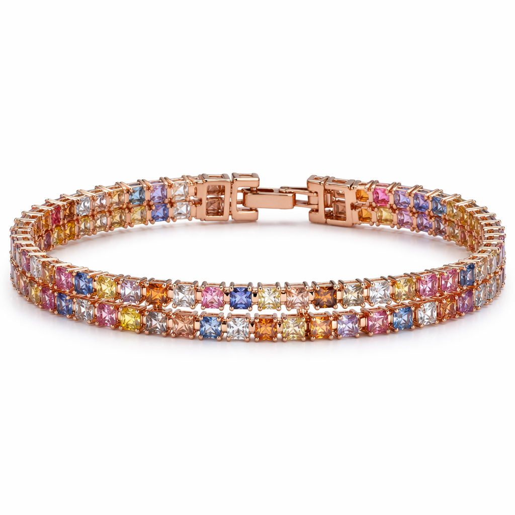 A women's bracelet. Bracciale tennis doppio con diamanti colorati mozaico
photorealistic jewelry design, A women's bracelet. Bracciale tennis doppio con diamanti colorati mozaico, modern style, just the design no text