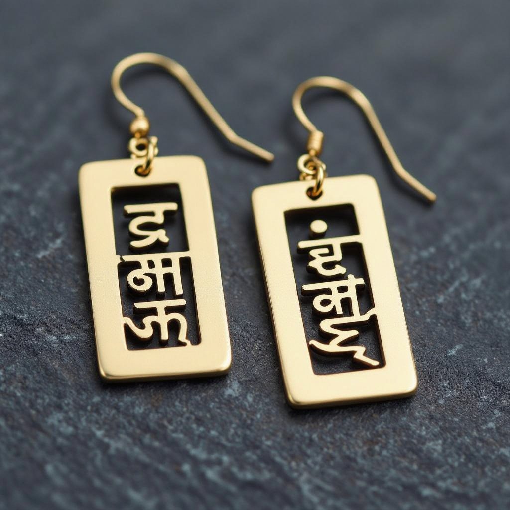 Золотые матовые серьги. На подвеска и виде тонкого длинного прямоугольника. На нем написана мантра Асатома на санскрите. 