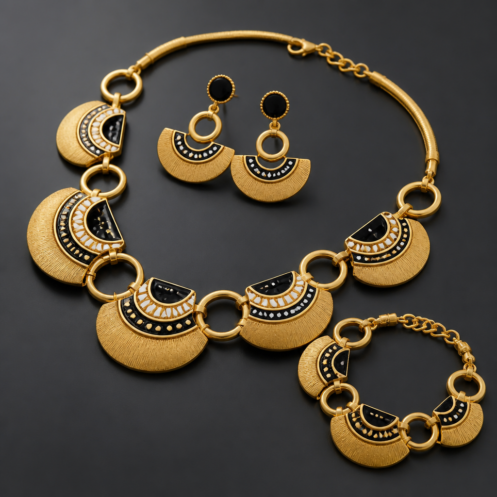 Prompt: A luxurious 21k gold jewelry set consisting of a necklace, bracelet, and earrings. The design is a sophisticated blend of semicircles and circular rings. The gold has a rich, deep yellow color with a distinct matte texture and soft satin finish. Decorated with intricate, delicate enamel work (enameling) in contrasting solid black and pure white colors. High-end jewelry design, professional macro photography, soft studio lighting highlighting the matte gold texture and sharp enamel details, minimalist dark grey background, 8k resolution. --ar 4:3 --v 6.0