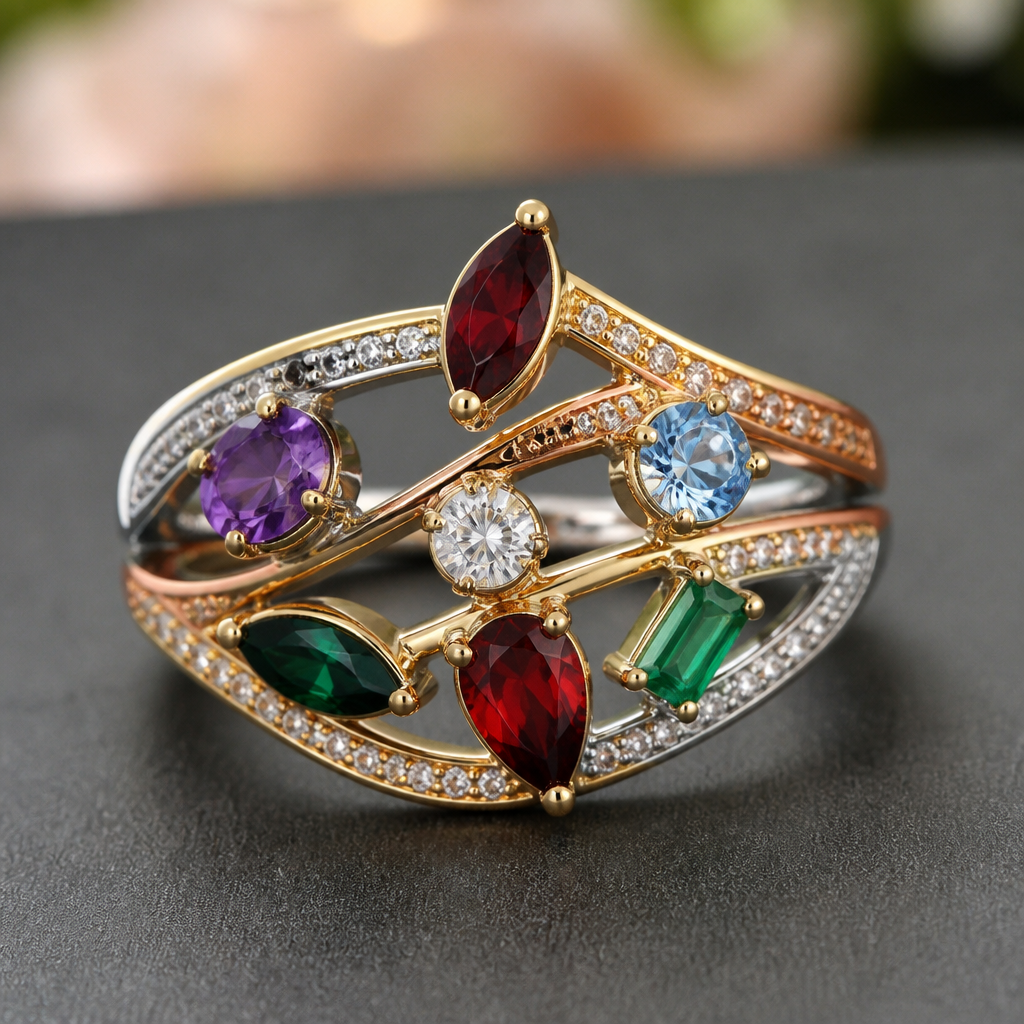 A modern women's ring made of mixed metal with diamond and ruby and emerald and amethyst and topaz and garnet stones suitable for festival
photorealistic jewelry design, A modern women's ring made of mixed metal with diamond and ruby and emerald and amethyst and topaz and garnet stones suitable for festival, modern style, just the design no text