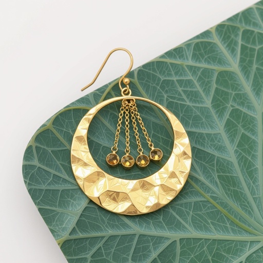 Золотые серьги словно мятое золото в форме узкого изящного полумесяца. Верхушка полумесяца крепится к застежке серьги.  От полумесяца идет три цепочки, у каждой на конце мелкий камушек цитрин