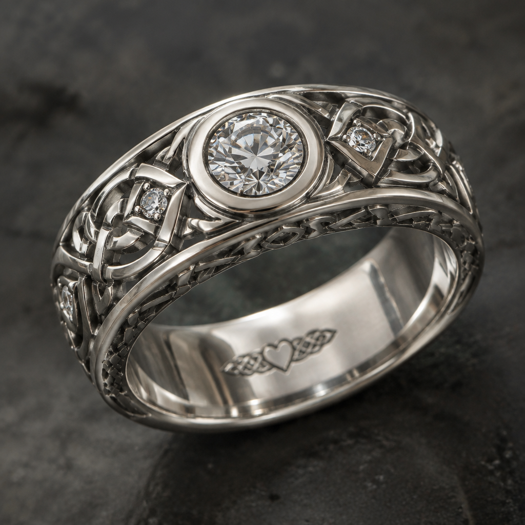 A scandinavian men's ring made of silver with diamond stones, highly ornate, intricate and elaborate, richly detailed. a simple mens rings with bezel placement of jewel and an engraving of the names "Nathaniel 💖Emilia " on the inside a 925 silver ring a classy look according to this age
photorealistic jewelry design, A scandinavian men's ring made of silver with diamond stones, highly ornate, intricate and elaborate, richly detailed. a simple mens rings with bezel placement of jewel and an engraving of the names "Nathaniel 💖Emilia " on the inside a 925 silver ring a classy look according to this age, scandinavian style, just the design no text