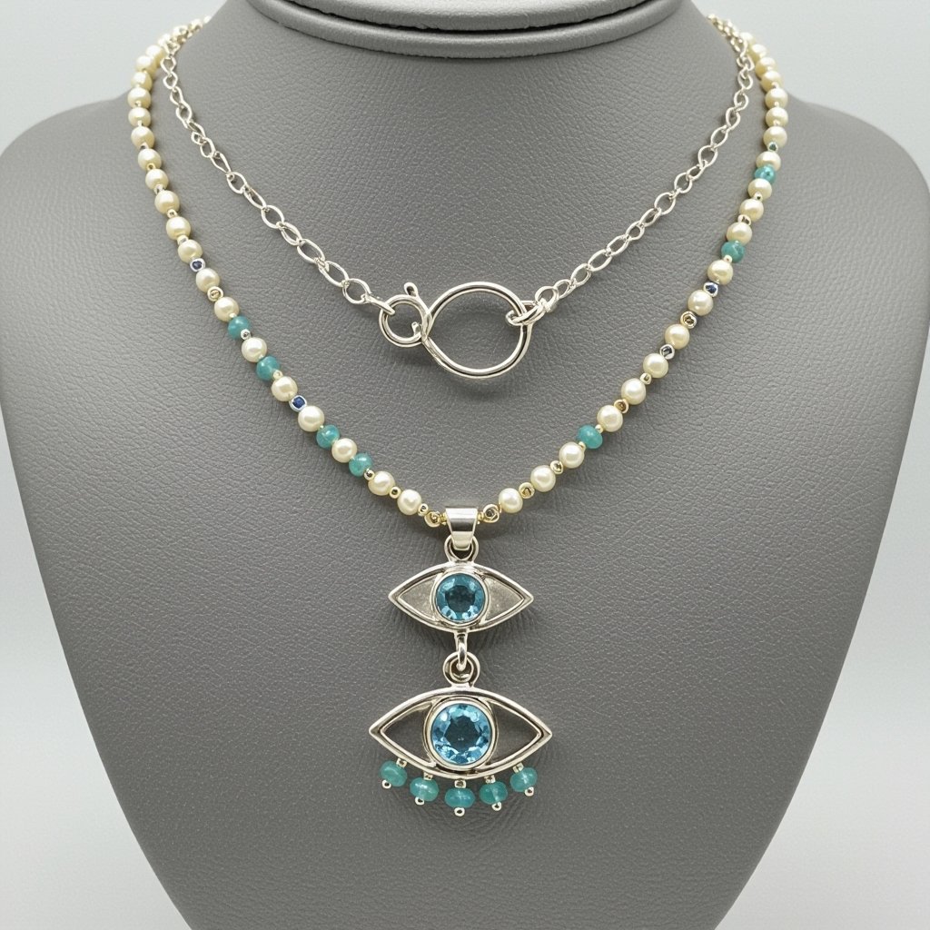 Тонкая цепочка с серебряными шариками и мелкими жемчужными камушками на цепочке есть кулон в форме глаза, зрачок глаза из аквамарина от глаза идет маленькая подвеска с маленькими камушками аквамарина 