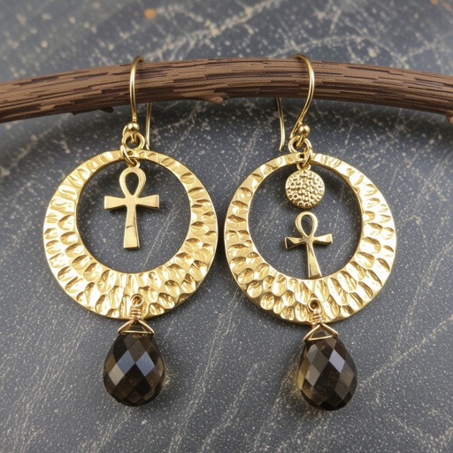 Золотые серьги словно мятое золото в форме узкого изящного полумесяца. Верхушка полумесяца крепится к застежке серьги. К нижней части полумесяца крепятся три подвески: миниатюрный золотой египетриский крест, очень маленький кристалл раухтопаза и маленький золотой кружочек с мятым эффектом плоский