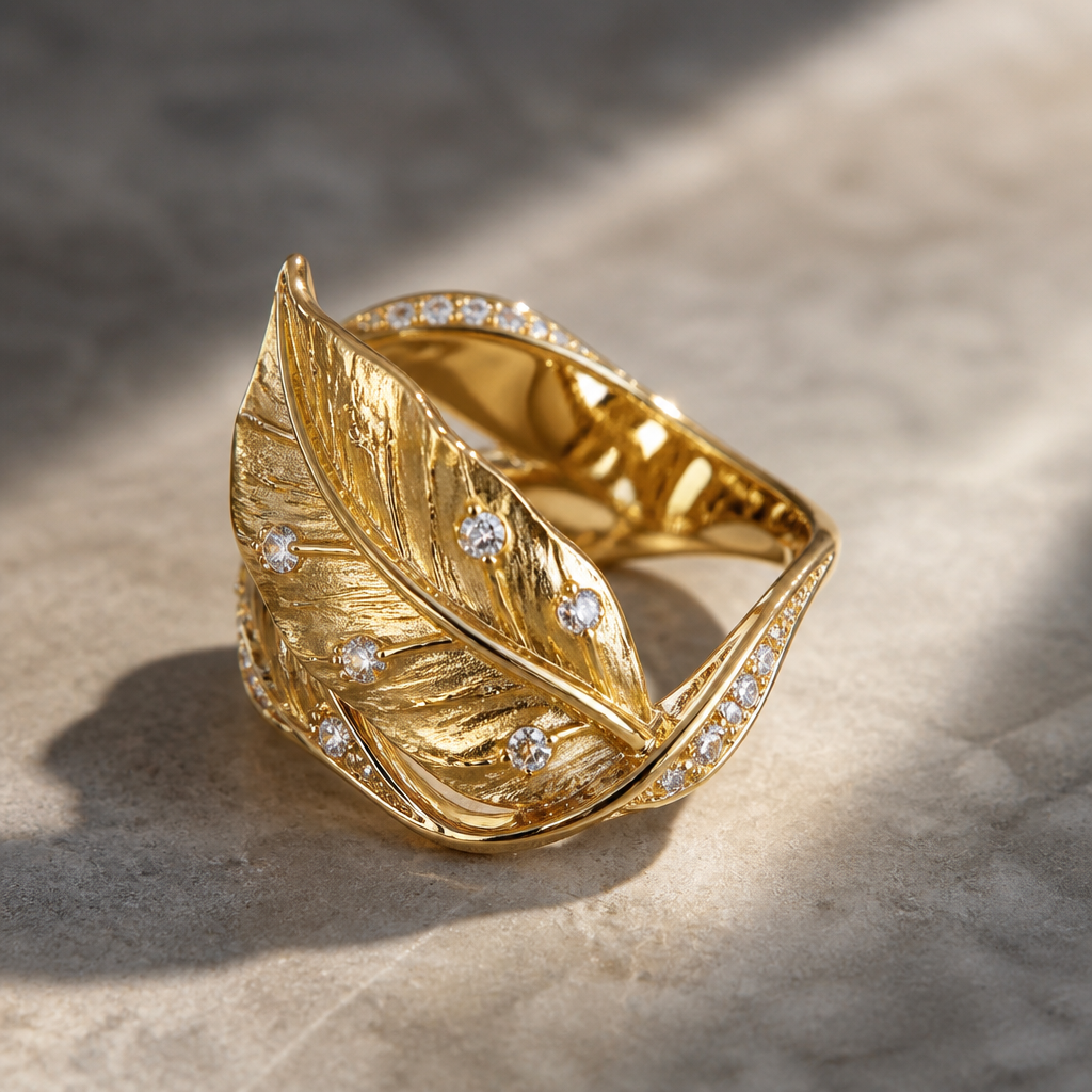 Leaf twisted gold ring with diamonds
photorealistic jewelry design, Leaf twisted gold ring with diamonds
, statement style, just the design no text
