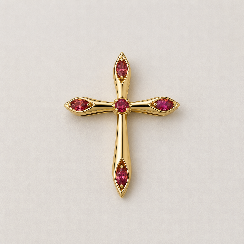 Dainty and feminine Gold cross with rubies, majority gold . Hidden bail
photorealistic jewelry design, Dainty and feminine Gold cross with rubies, majority gold . Hidden bail, contemporary style, just the design no text