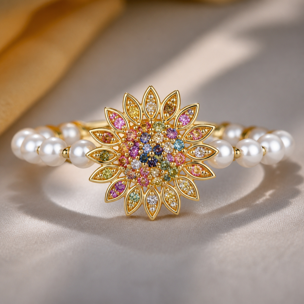 Sunflower with colorful diamonds in the middle with medium size pearl band
photorealistic jewelry design, Sunflower with colorful diamonds in the middle with medium size pearl band , nature_inspired style, just the design no text