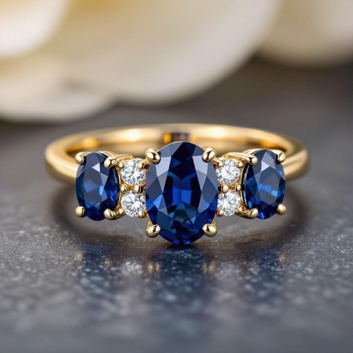 3 sapphires oval cut, 3 round diamonds