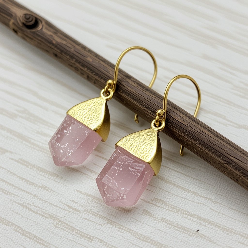Серьги матовое золото с эффектом неровности Необработанный бледно розовый кварц в виде длинного кристалла