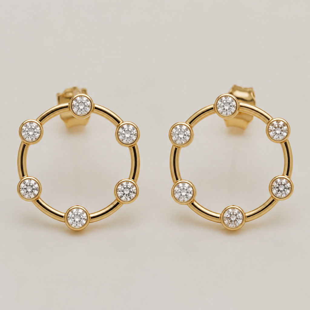 A women's earrings made of gold with diamond stones. there is a small 7 stones in circular and with Gap of circular surcufarence of 7 stones there is a circular gold wire with supports
photorealistic jewelry design, A women's earrings made of gold with diamond stones. there is a small 7 stones in circular and with Gap of circular surcufarence of 7 stones there is a circular gold wire with supports, modern style, just the design no text