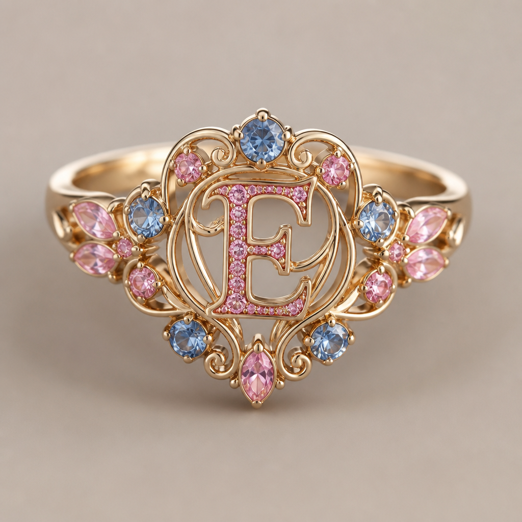 A art nouveau women's ring. anel de 15 anos com inicial E com pedras rosa dentro com azul e rosa em volta
photorealistic jewelry design, A art nouveau women's ring. anel de 15 anos com inicial E com pedras rosa dentro com azul e rosa em volta, art_nouveau style, just the design no text
