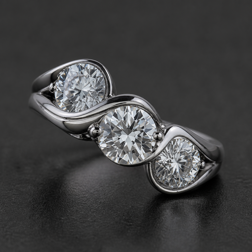 Elegant 3 round diamond ring in an abstract manner. The size Le’s are 1 carat x 2 and 1
X 1.2 carat
photorealistic jewelry design, Elegant 3 round diamond ring in an abstract manner. The size Le’s are 1 carat x 2 and 1
X 1.2 carat, three_stone style, just the design no text
