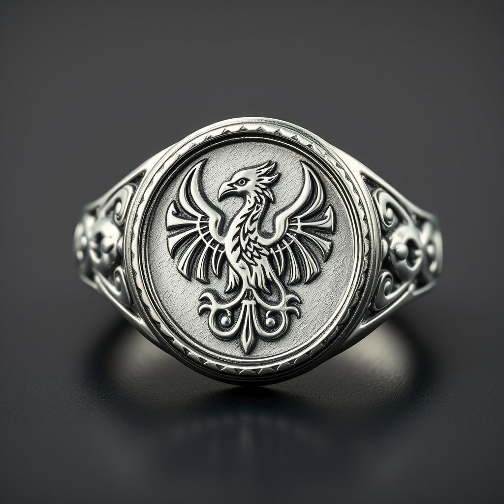 A silver segnit ring with a Celtic phoenix symbol on it 