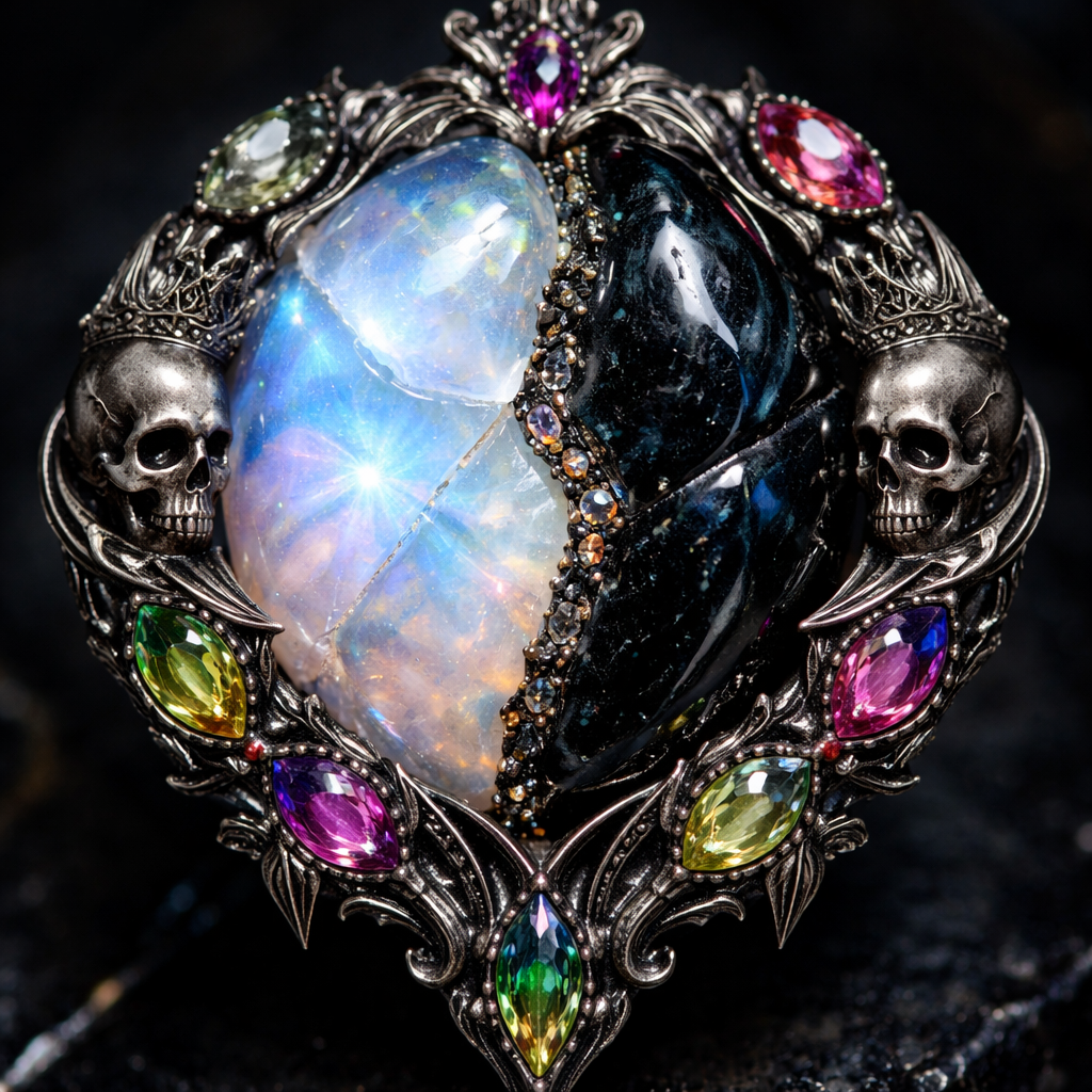 A beautiful moonstone, but it’s cracked and on the other side of that crack it changes to obsidian and there are beautiful artwork with skulls and rainbow tourmaline
A beautiful moonstone, but it’s cracked and on the other side of that crack it changes to obsidian and there are beautiful artwork with skulls and rainbow tourmaline , gothic style