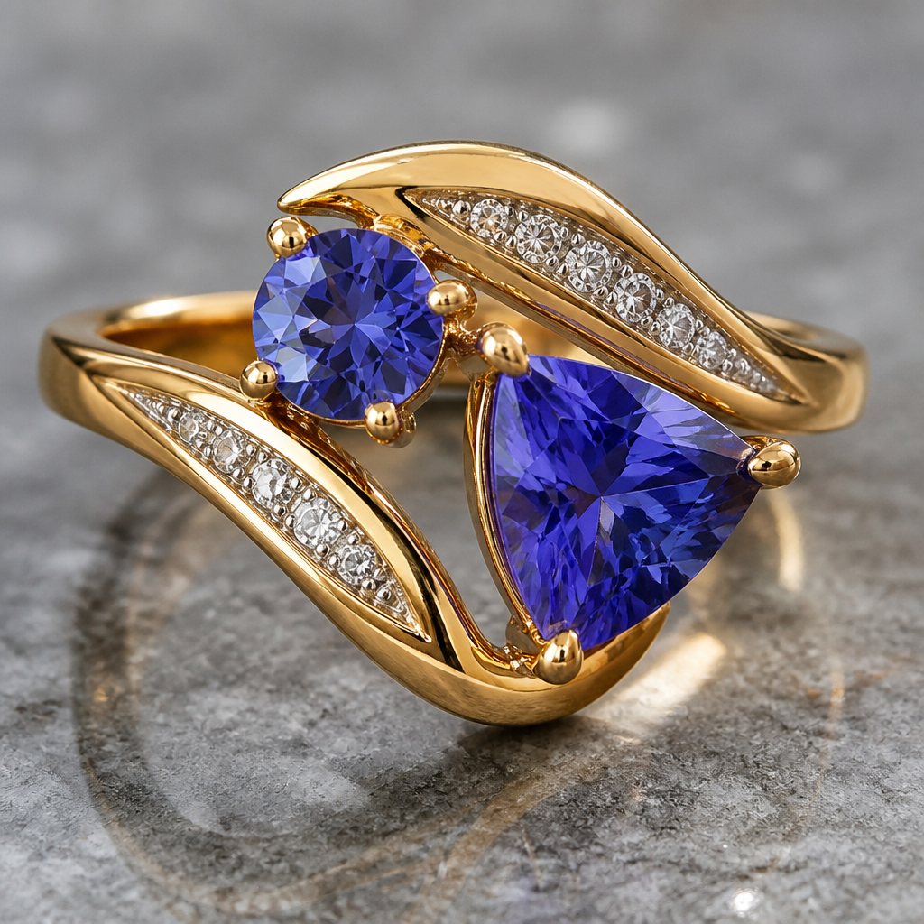 A luxury women's ring made of gold with diamond stones suitable for daily wear. 6mm round tanzinite, 8mm trillion tanzinite with channel set diamond accents, free-form design
photorealistic jewelry design, A luxury women's ring made of gold with diamond stones suitable for daily wear. 6mm round tanzinite, 8mm trillion tanzinite with channel set diamond accents, free-form design, luxury style, just the design no text