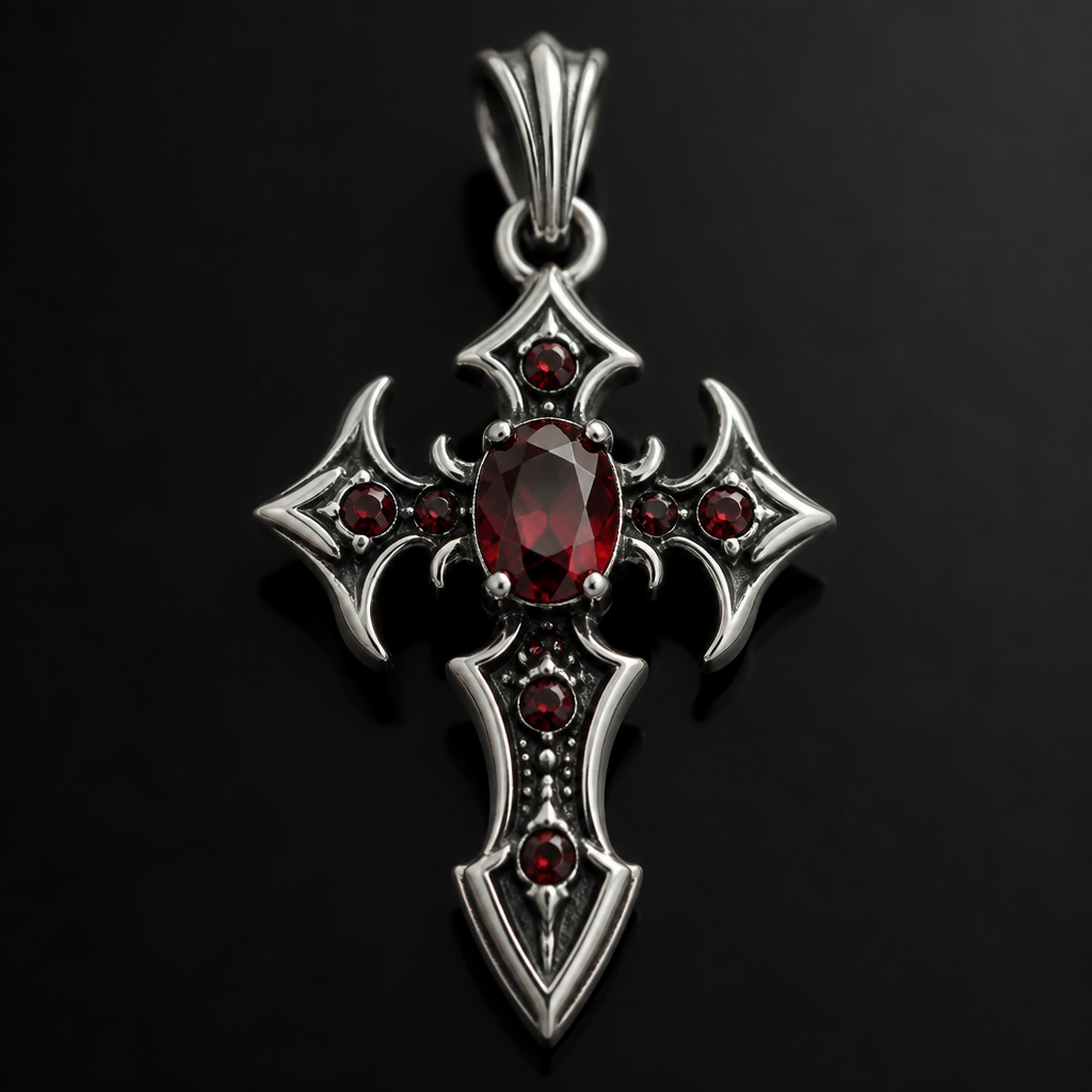 A gothic men's pendant made of silver with garnet stones
photorealistic jewelry design, A gothic men's pendant made of silver with garnet stones, gothic style, just the design no text