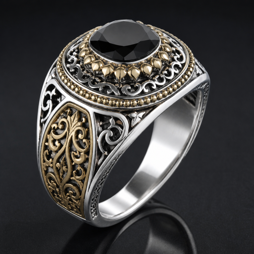 A men's ring, detailed and decorative, moderately ornate. ensemble de l'époque ottomane
photorealistic jewelry design, A men's ring, detailed and decorative, moderately ornate. ensemble de l'époque ottomane, modern style, just the design no text