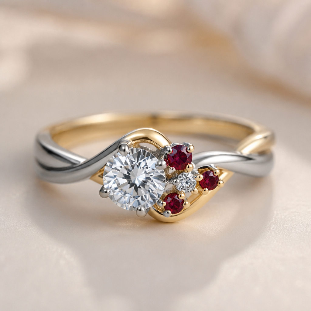 A romantic women's ring made of mixed metal with ruby and diamond stones suitable for daily wear. an understated romantic ring with mixed gold and silver band with a large diamond tipped asymmetrically with three small rubies and two small diamonds
photorealistic jewelry design, A romantic women's ring made of mixed metal with ruby and diamond stones suitable for daily wear. an understated romantic ring with mixed gold and silver band with a large diamond tipped asymmetrically with three small rubies and two small diamonds, romantic style, just the design no text
