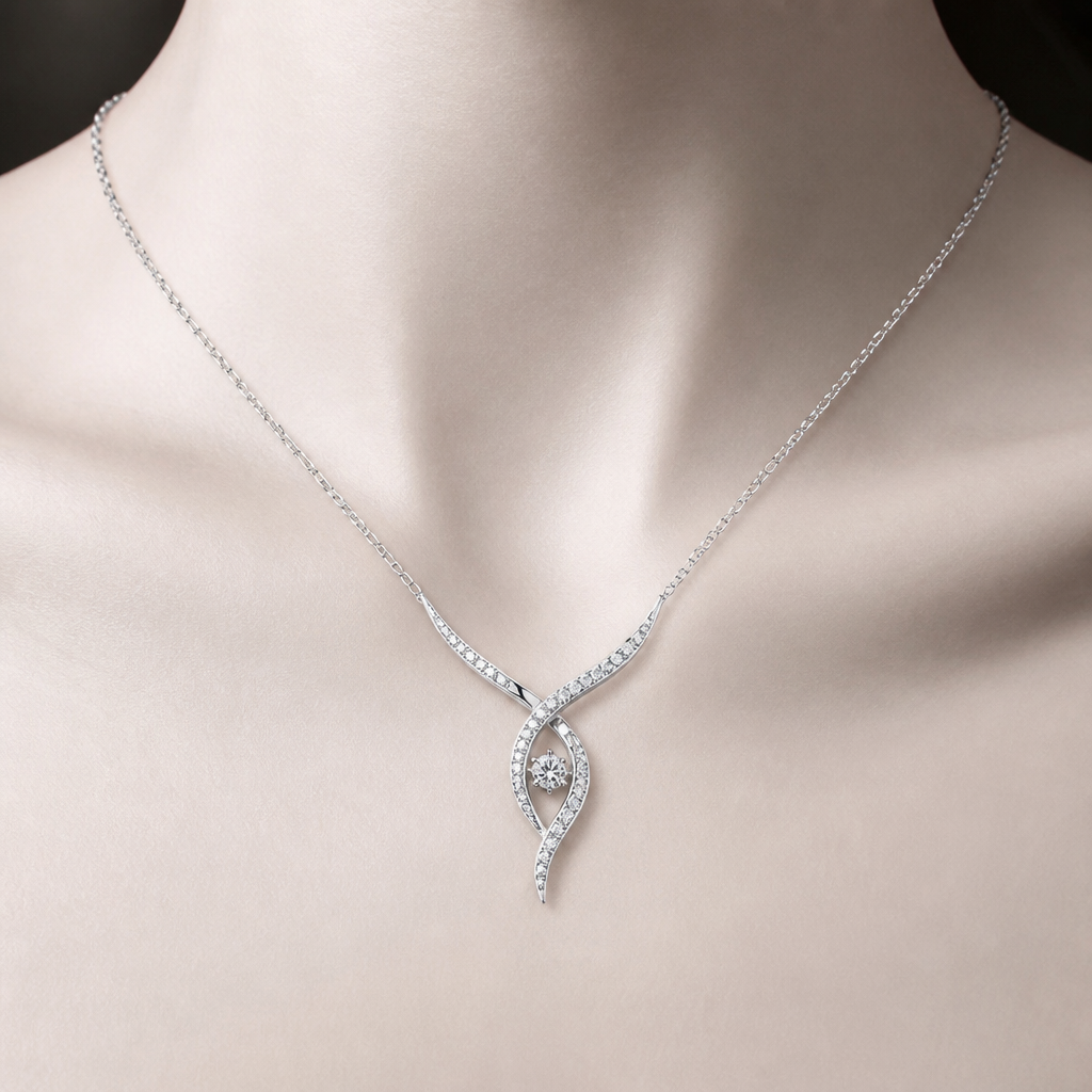 A women's necklace made of silver with diamond stones. Flamme délicate
photorealistic jewelry design, A women's necklace made of silver with diamond stones. Flamme délicate, modern style, just the design no text