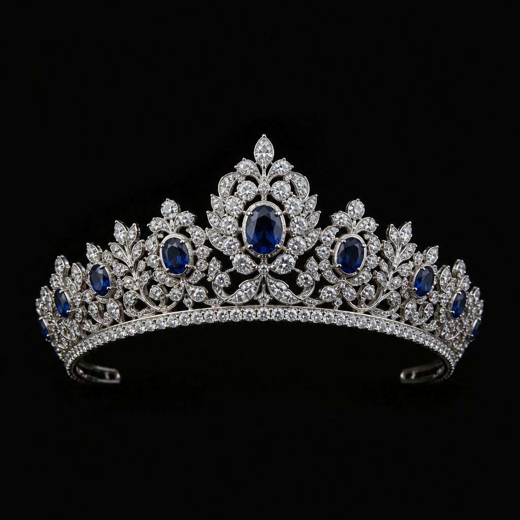 A vintage women's tiara made of silver with diamond and sapphire stones suitable for formal
photorealistic jewelry design, A vintage women's tiara made of silver with diamond and sapphire stones suitable for formal, vintage style, just the design no text