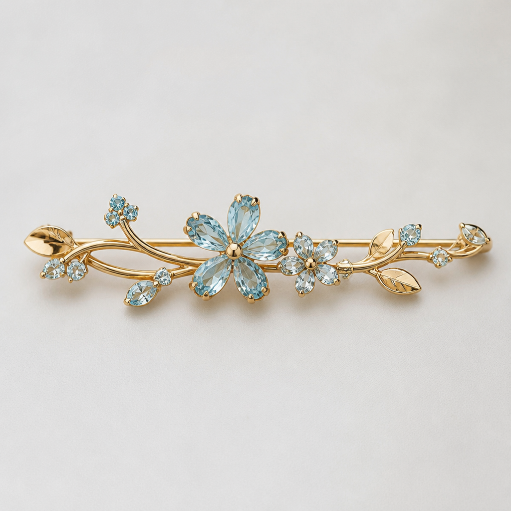 A minimalist women's brooch made of gold with aquamarine stones suitable for daily wear, highly ornate, intricate and elaborate, richly detailed. delicado y sencillo con florecitas
photorealistic jewelry design, A minimalist women's brooch made of gold with aquamarine stones suitable for daily wear, highly ornate, intricate and elaborate, richly detailed. delicado y sencillo con florecitas, minimalist style, just the design no text