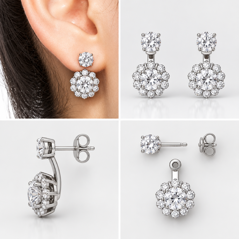 A women's earrings. แก้ไขเฉพาะส่วนของต่างหูชิ้นล่างที่อยู่ภายในวงกลมสีแดงในภาพต้นฉบับ โดยปรับรูปแบบการประดับเพชรให้เป็น เพชรเม็ดเดี่ยวล้อม 1 ชุด (Single Center Stone with One Halo) โดยมีเพชรเม็ดกลาง 1 เม็ด และมีเพชรเม็ดเล็กเรียงล้อมรอบเพชรเม็ดกลางเพียง 1 ชั้นอย่างสมมาตร ให้มีรูปทรงและสัดส่วนสวยงาม ดูหรูหราและสามารถผลิตเป็นเครื่องประดับจริงได้, 4view, ถอดได้เป็นส่วนๆ
using the attached image as a visual reference, create A women's earrings. แก้ไขเฉพาะส่วนของต่างหูชิ้นล่างที่อยู่ภายในวงกลมสีแดงในภาพต้นฉบับ โดยปรับรูปแบบการประดับเพชรให้เป็น เพชรเม็ดเดี่ยวล้อม 1 ชุด (Single Center Stone with One Halo) โดยมีเพชรเม็ดกลาง 1 เม็ด และมีเพชรเม็ดเล็กเรียงล้อมรอบเพชรเม็ดกลางเพียง 1 ชั้นอย่างสมมาตร ให้มีรูปทรงและสัดส่วนสวยงาม ดูหรูหราและสามารถผลิตเป็นเครื่องประดับจริงได้, 4view, ถอดได้เป็นส่วนๆ. photorealistic, just the design no text