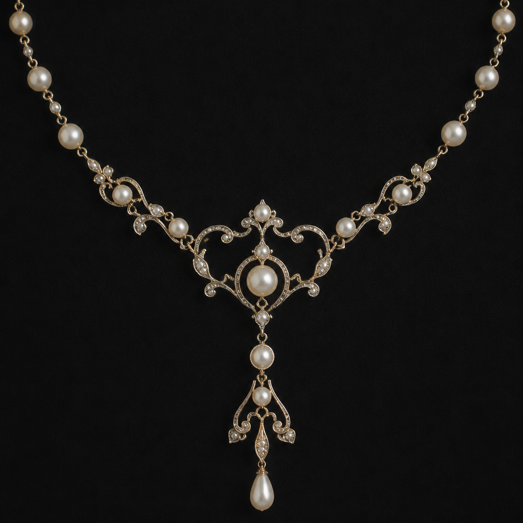 A edwardian women's necklace with pearl stones
photorealistic jewelry design, A edwardian women's necklace with pearl stones, edwardian style, just the design no text