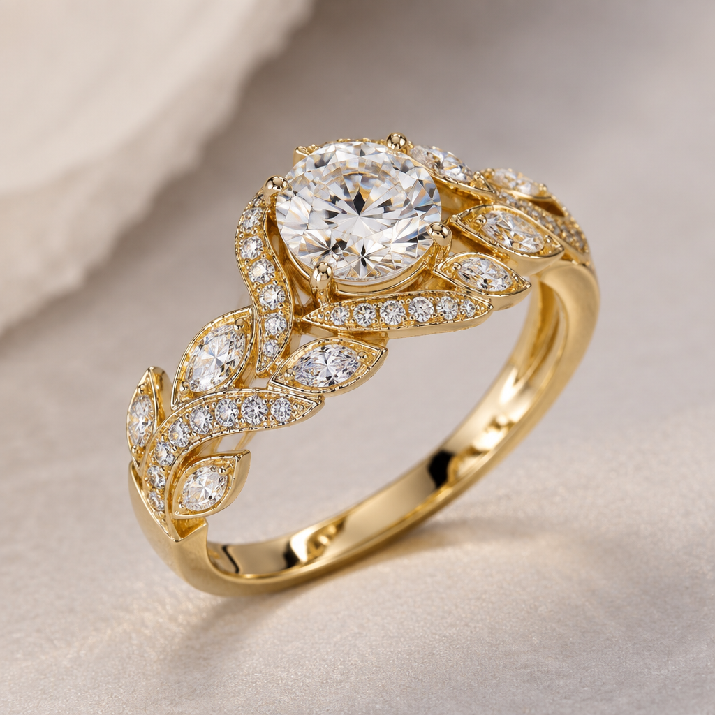 A modern women's ring made of gold with diamond stones suitable for formal, detailed and decorative, moderately ornate
photorealistic jewelry design, A modern women's ring made of gold with diamond stones suitable for formal, detailed and decorative, moderately ornate, modern style, just the design no text