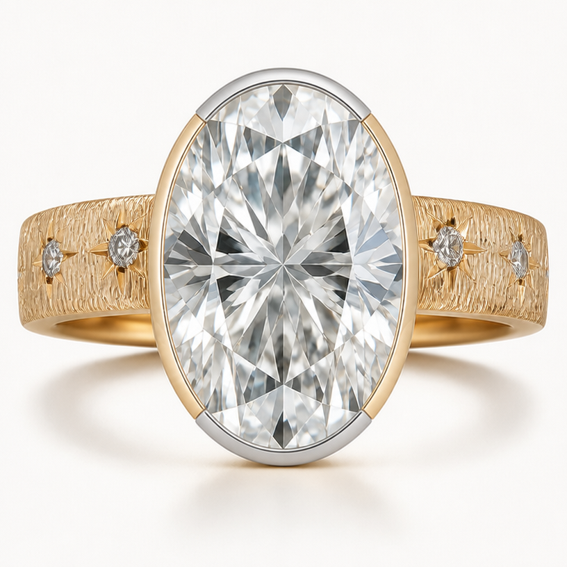 rhodium platinum semi bezel on north and south of the oval diamond
edit the attached jewelry design with these instructions: rhodium platinum semi bezel on north and south of the oval diamond. keep it photorealistic, just the design no text