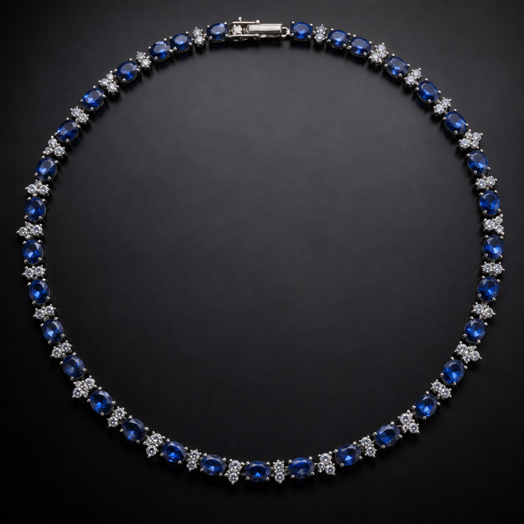 Sapphire Tennis necklace with sprinkle diamond
photorealistic jewelry design, Sapphire Tennis necklace with sprinkle diamond, just the design no text