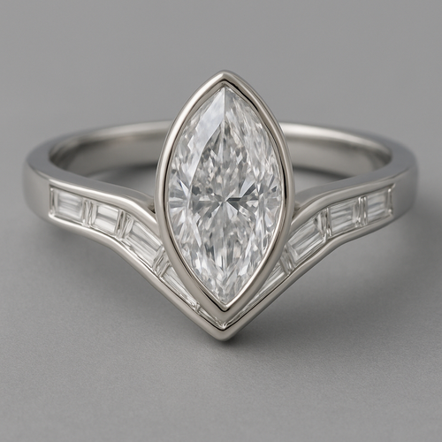 Bezel set 6 carat marquise diamond center stone with baguette diamonds in a chevron pattern in the band