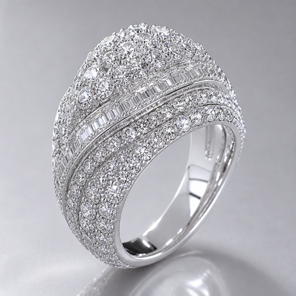 A women's ring made of white gold with diamond stones suitable for festival, highly ornate, intricate and elaborate, richly detailed. hazme un anillo básico que brille mucho y este lleno de pedrería
photorealistic jewelry design, A women's ring made of white gold with diamond stones suitable for festival, highly ornate, intricate and elaborate, richly detailed. hazme un anillo básico que brille mucho y este lleno de pedrería, modern style, just the design no text