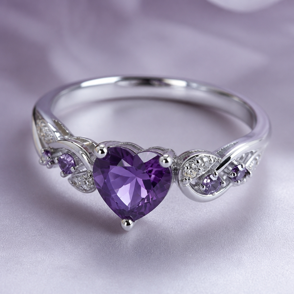 A romantic women's ring made of white gold with amethyst stones suitable for anniversary
photorealistic jewelry design, A romantic women's ring made of white gold with amethyst stones suitable for anniversary, romantic style, just the design no text