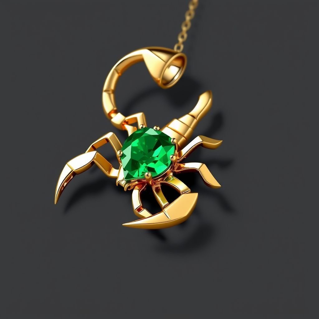 Geomatric scorpion pendant of yellow and white gold gold accents for contrast. Incorporate a single, oval-cut gemstone-perhaps a striking emerald-set at an unconventional angle, creating a bold focal point that exudes contemporary elegance and sophistication.