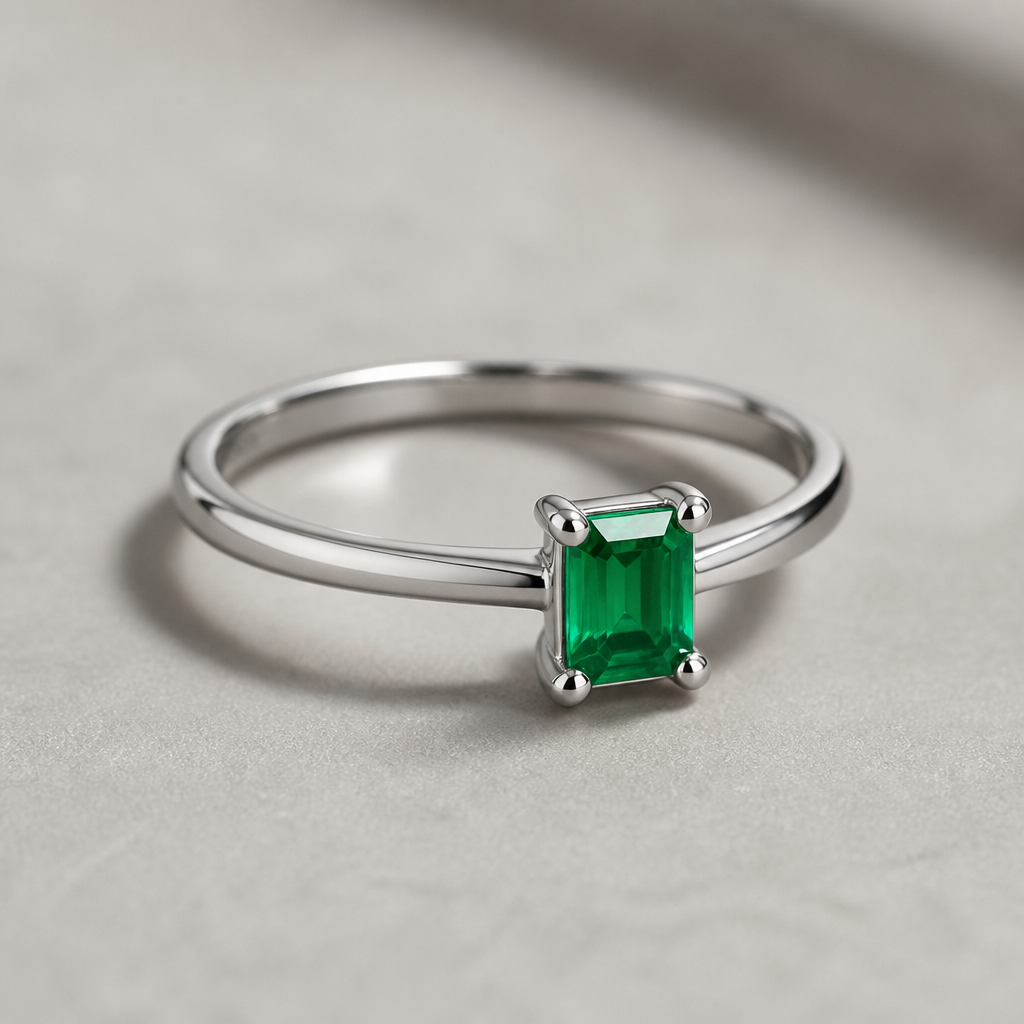 A minimalist women's ring made of platinum with emerald stones suitable for daily wear. خاتم بسيط يومي و راق
photorealistic jewelry design, A minimalist women's ring made of platinum with emerald stones suitable for daily wear. خاتم بسيط يومي و راق, minimalist style, just the design no text