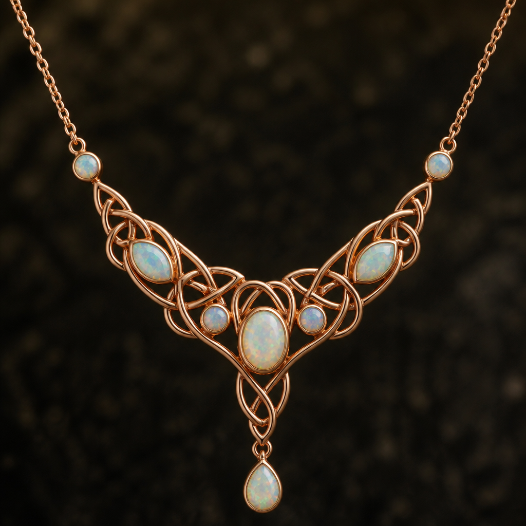 A celtic women's necklace made of rose gold with opal stones suitable for party
photorealistic jewelry design, A celtic women's necklace made of rose gold with opal stones suitable for party, celtic style, just the design no text