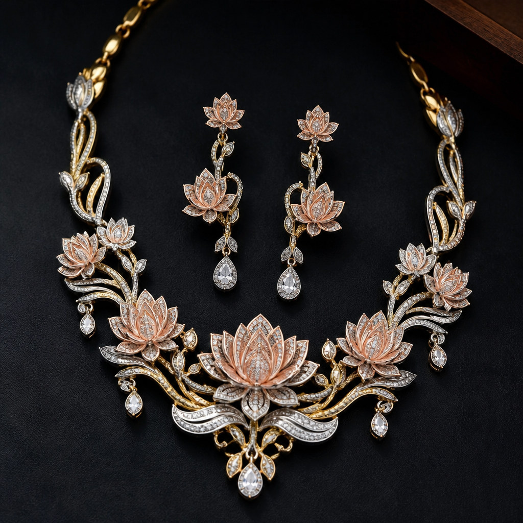 A women's necklace made of mixed metal suitable for wedding, highly ornate, intricate and elaborate, richly detailed. Lotus chain with ear rings
photorealistic jewelry design, A women's necklace made of mixed metal suitable for wedding, highly ornate, intricate and elaborate, richly detailed. Lotus chain with ear rings, modern style, just the design no text