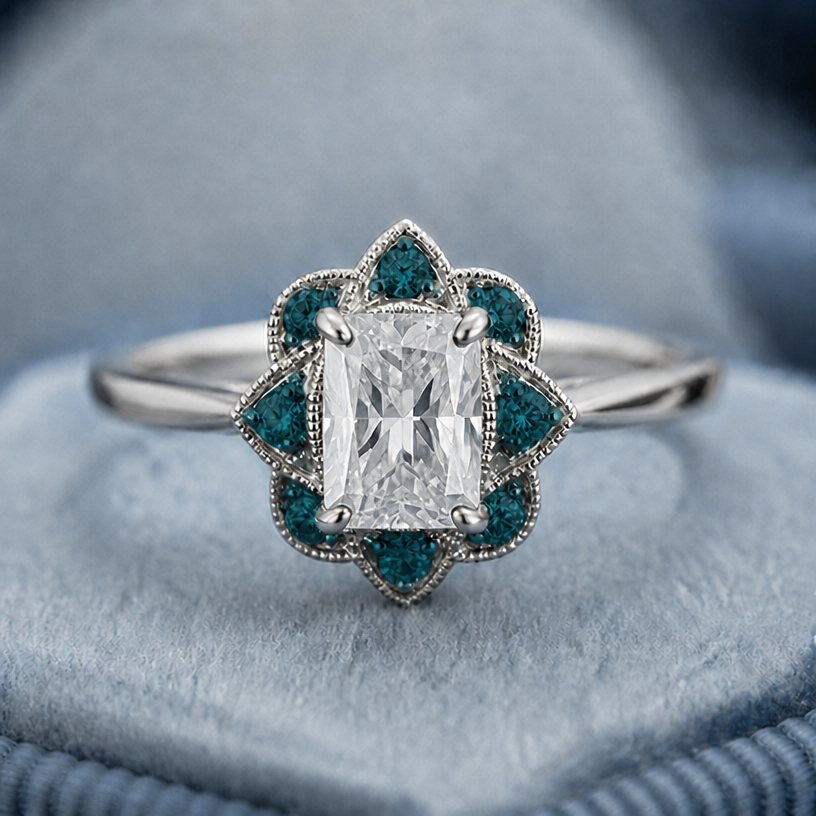 Change halo stones to teal sapphires
edit the attached jewelry design with these instructions: Change halo stones to teal sapphires. keep it photorealistic, just the design no text
