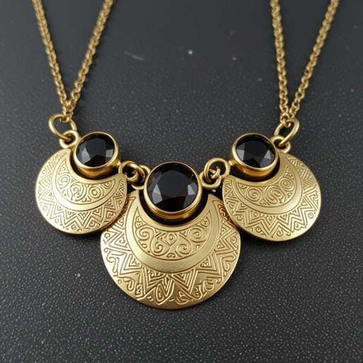  Подвеска из трех полумесяцев с узорами и камнями раухтопаза из матового неровного светлого золота с узорами соединенных цепочкой сверху самый широкий полукруг дальше средний и снизу самый маленький