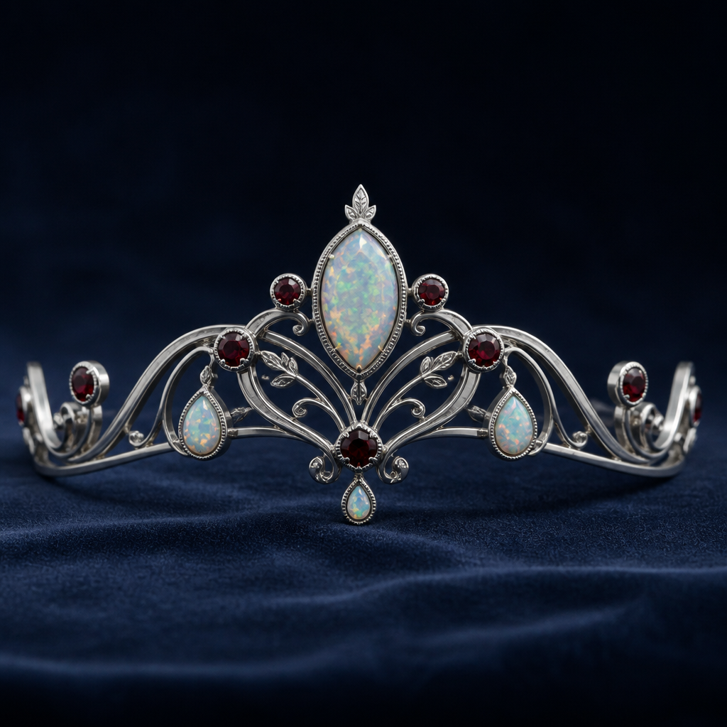 A art nouveau women's tiara made of platinum with garnet and opal stones suitable for gift
photorealistic jewelry design, A art nouveau women's tiara made of platinum with garnet and opal stones suitable for gift, art_nouveau style, just the design no text