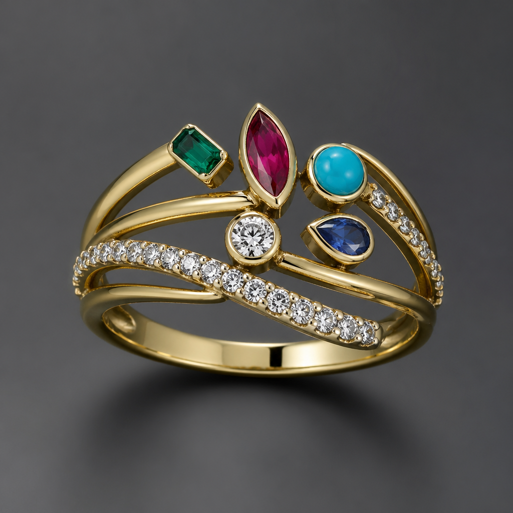 A modern women's ring made of gold with diamond and ruby and emerald and turquoise and sapphire stones
photorealistic jewelry design, A modern women's ring made of gold with diamond and ruby and emerald and turquoise and sapphire stones, modern style, just the design no text