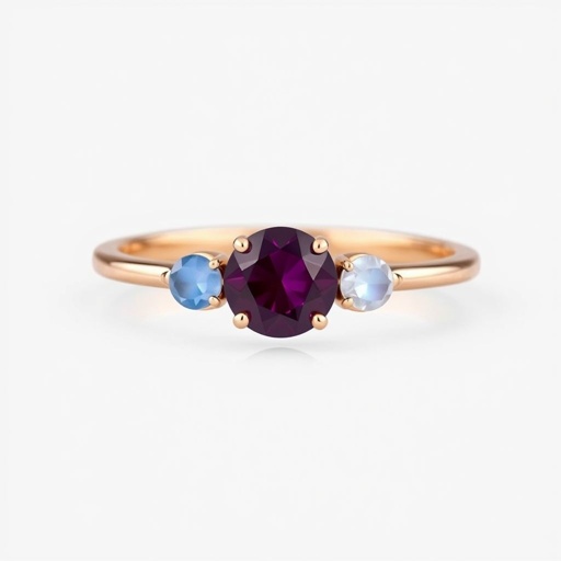 A simple, three stone 18 karat rose gold engagement ring set with a circular alexandrite. Also set with a small half moon blue chalcedony on one side right next to it, and a small half moon moonstone set on the other side right next to it. On the inside of the band, it has an inscription reading, “Tuum. Et in hac vita et in altera.”