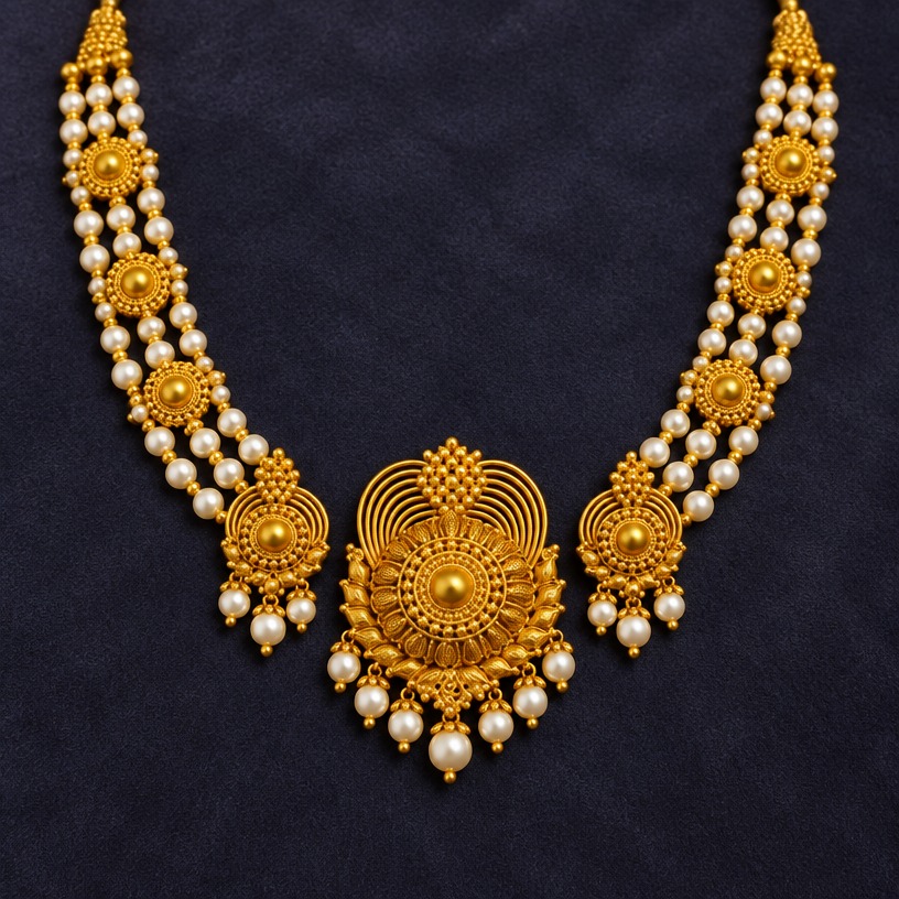 A ethnic women's necklace made of gold with pearl stones
using the attached image as a visual reference, create A ethnic women's necklace made of gold with pearl stones. photorealistic, just the design no text