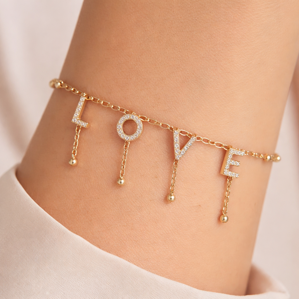 A women's bracelet. I want the chain to be the same as the one in the picture. I want the same design as in the picture, but I want the letters to be spaced apart, and between each letter, the short chain to hang down.
A women's bracelet. I want the chain to be the same as the one in the picture. I want the same design as in the picture, but I want the letters to be spaced apart, and between each letter, the short chain to hang down., modern style